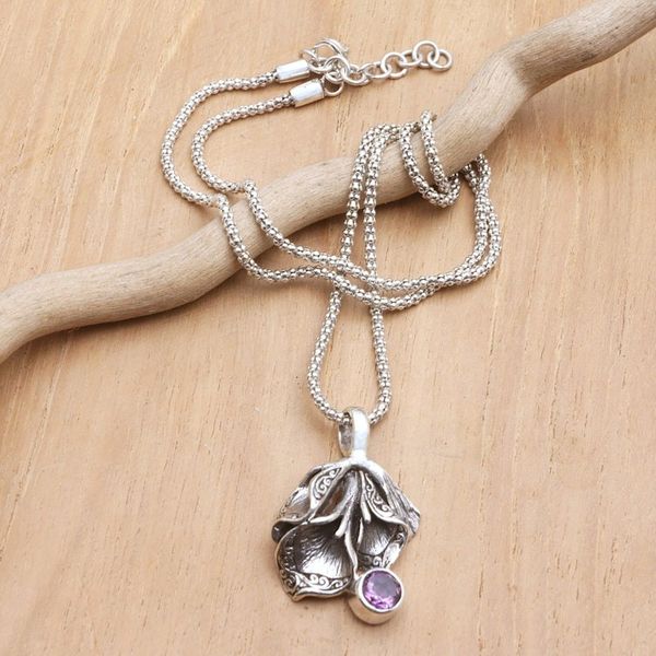 Alternate image for Floral Pendant Necklace with Faceted Amethyst Gemstone Bouquet of Truth