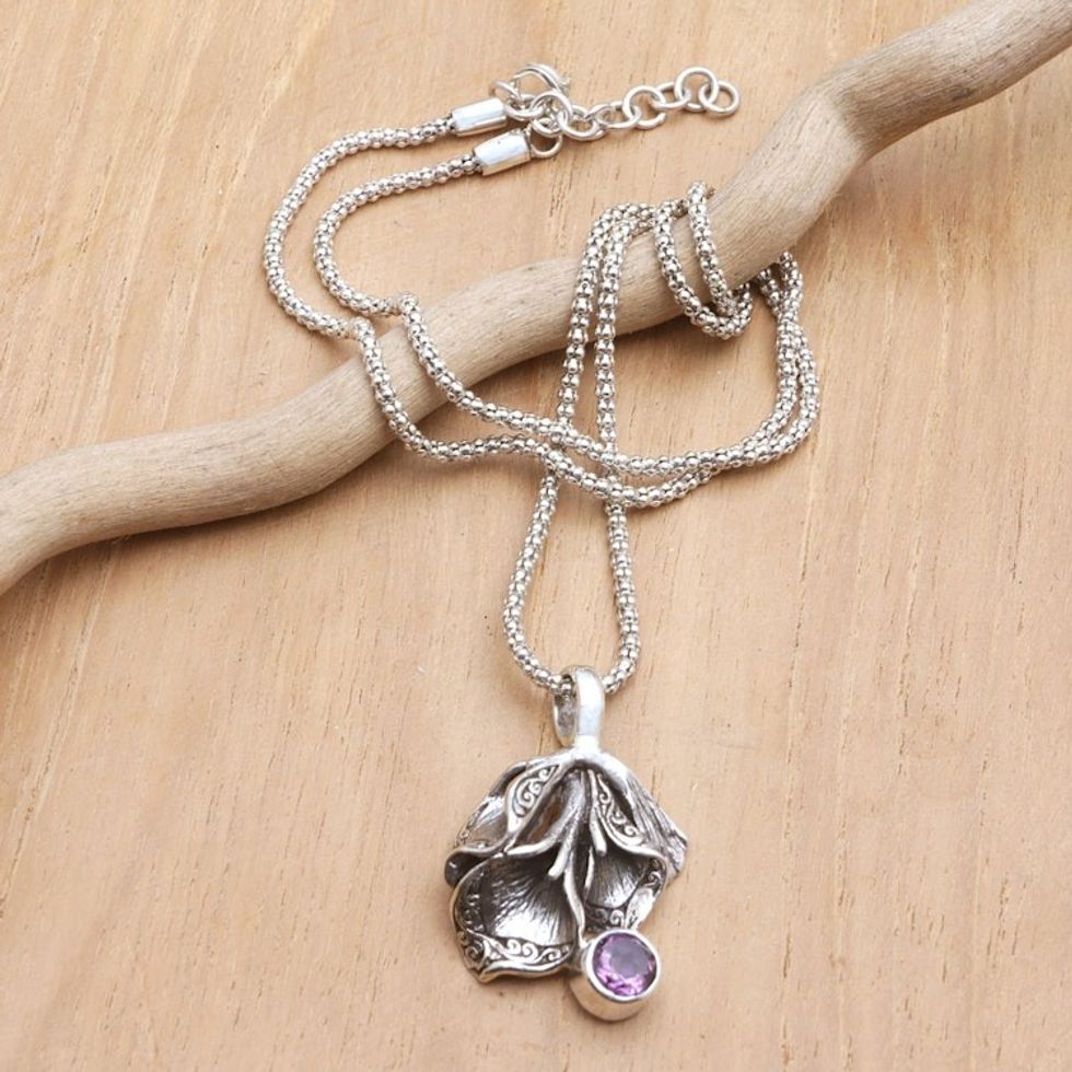 Floral Pendant Necklace with Faceted Amethyst Gemstone 'Bouquet of Truth'