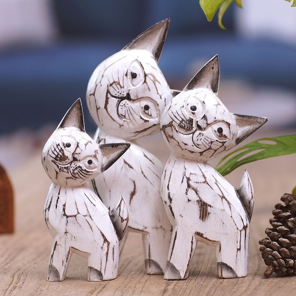 Set of 3 Cat-Themed Albesia Wood Statuettes from Bali 'Feline Sweetness'