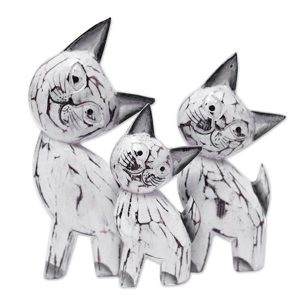 Alternate image for Set of 3 Cat-Themed Albesia Wood Statuettes from Bali Feline Sweetness