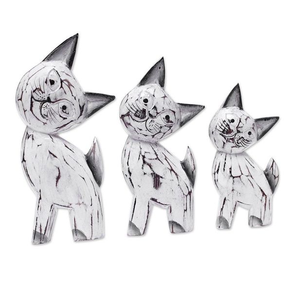 Alternate image for Set of 3 Cat-Themed Albesia Wood Statuettes from Bali Feline Sweetness