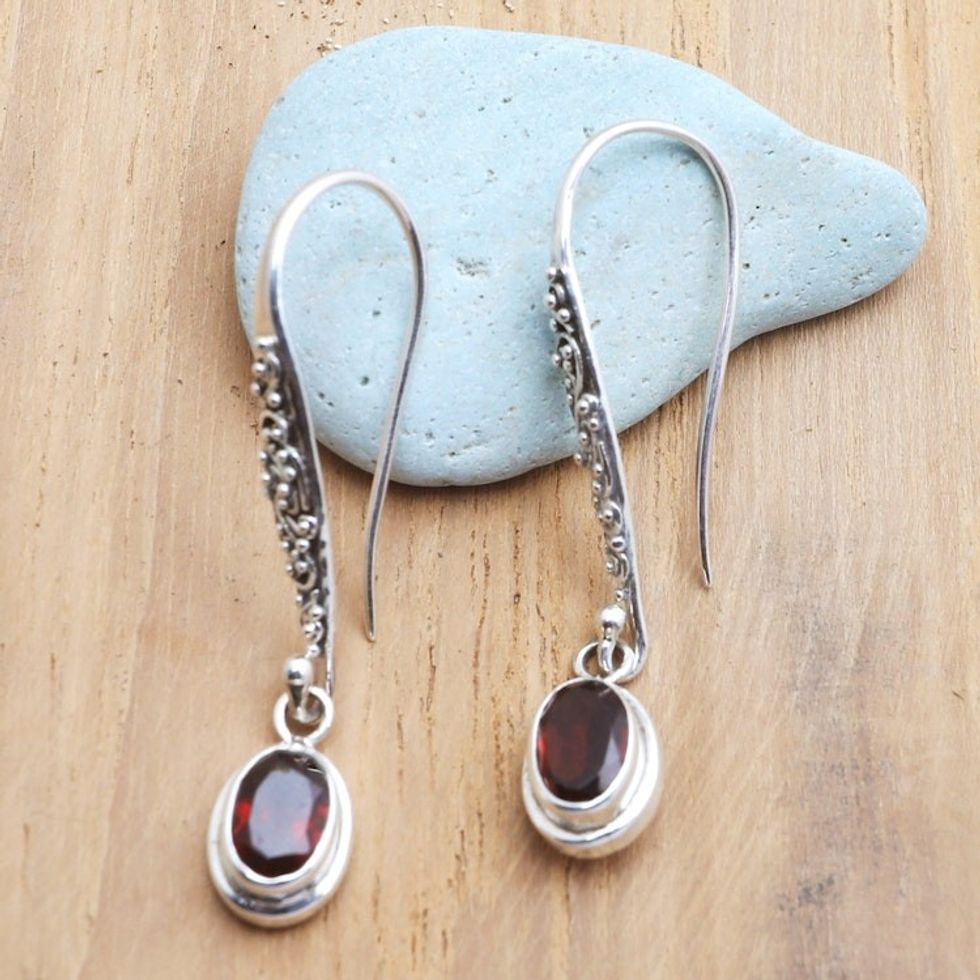 Sterling Silver and Garnet Dangle Earrings Crafted in Bali 'Heaven's Treasure in Red'