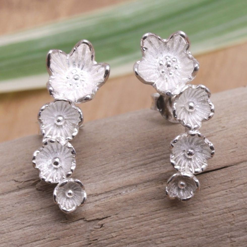 Sterling Silver Orchid-Shaped Drop Earrings Crafted in Bali 'Orchid Inspiration'
