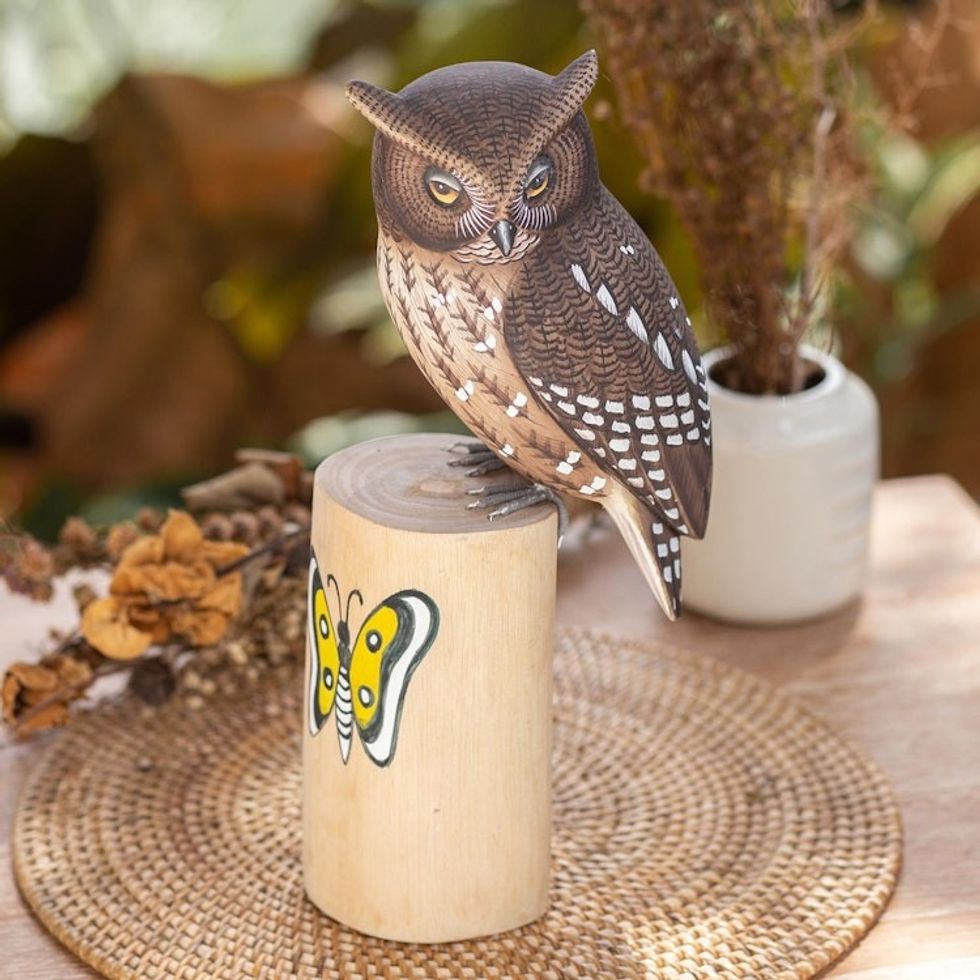 Teak and Suar Wood Owl Sculpture Carved and Painted by Hand 'Owl and Butterfly'