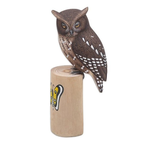 Alternate image for Teak and Suar Wood Owl Sculpture Carved and Painted by Hand Owl and Butterfly