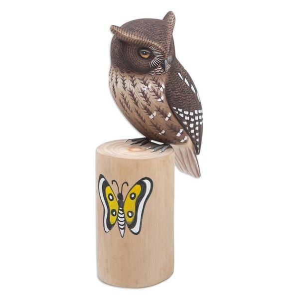 Alternate image for Teak and Suar Wood Owl Sculpture Carved and Painted by Hand Owl and Butterfly
