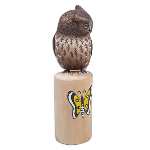 Alternate image for Teak and Suar Wood Owl Sculpture Carved and Painted by Hand Owl and Butterfly
