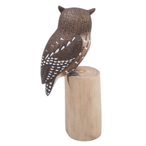 Alternate image for Teak and Suar Wood Owl Sculpture Carved and Painted by Hand Owl and Butterfly
