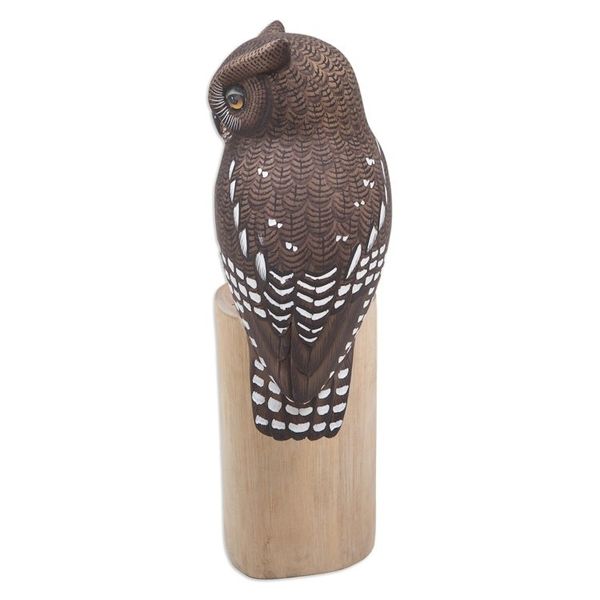 Alternate image for Teak and Suar Wood Owl Sculpture Carved and Painted by Hand Owl and Butterfly