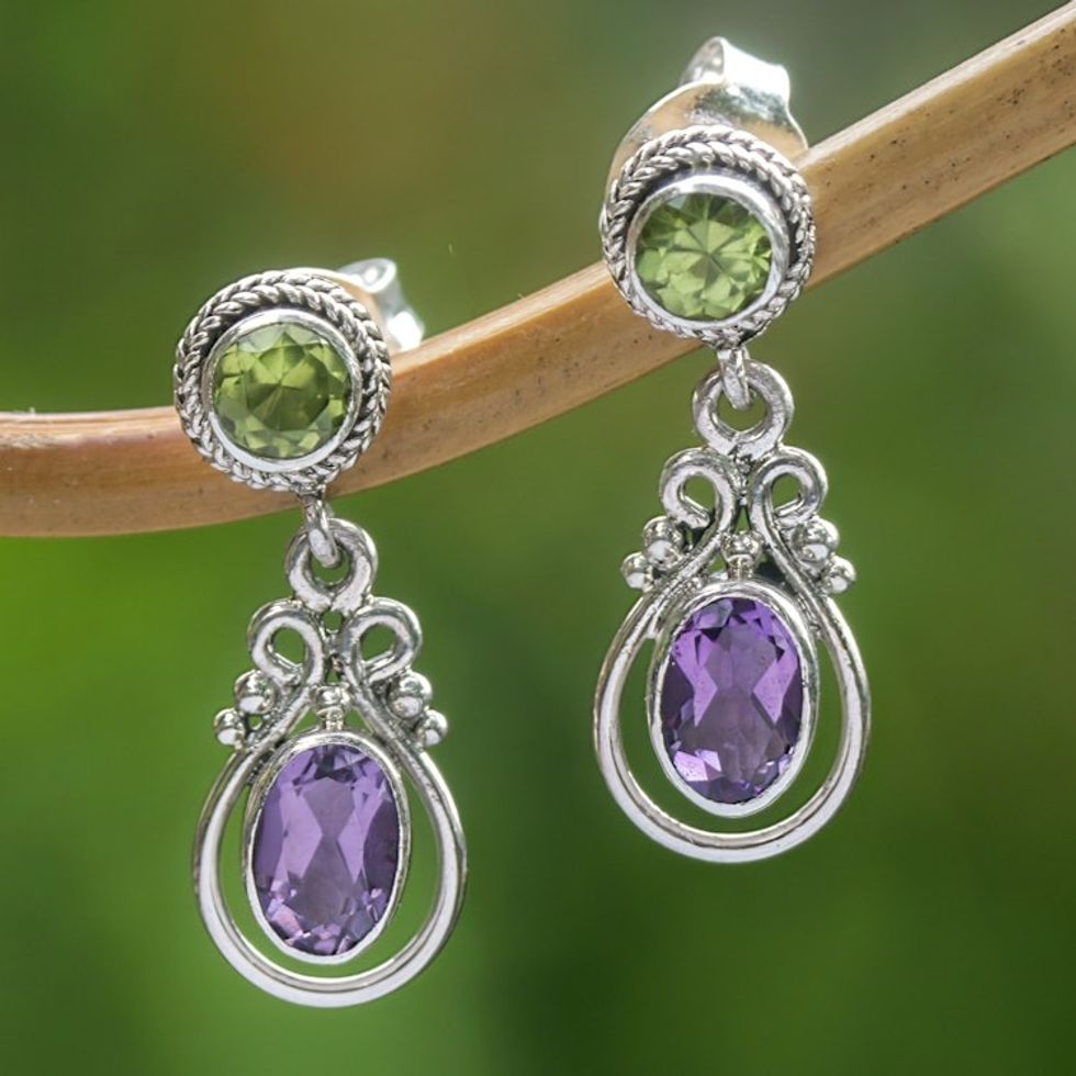 Faceted Amethyst and Peridot Dangle Earrings from Bali 'Primaveral Soul'