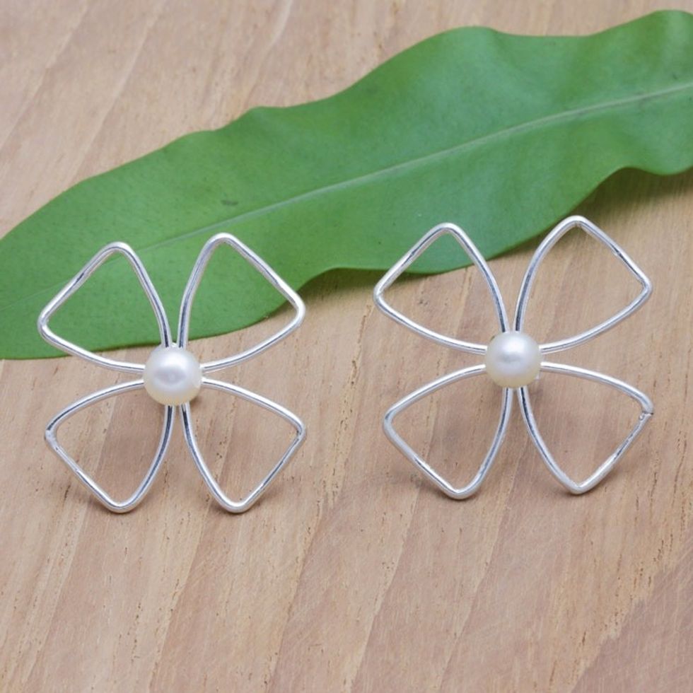 Geometric Sterling Silver Button Earrings with White Pearls 'Silhouettes of Perfection'