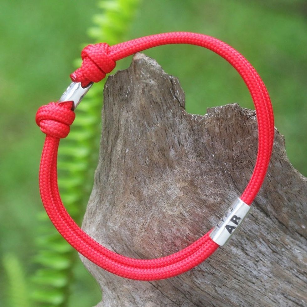 Sterling Silver and Cord Pendant Bracelet in Red 'Lineage AB'