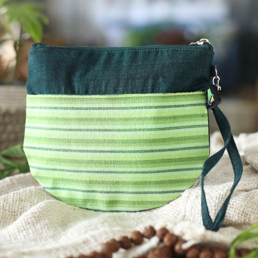 100 Cotton Striped Green Clutch Wristlet Handwoven in Java 'Lurik Sphere Green'