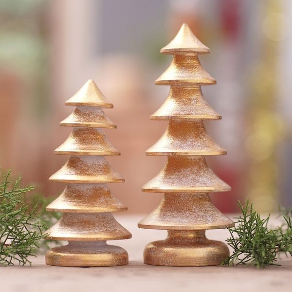 Alternate image for Set of 2 Hand-Carved Pagoda Wood Sculptures from Bali Golden Pagodas