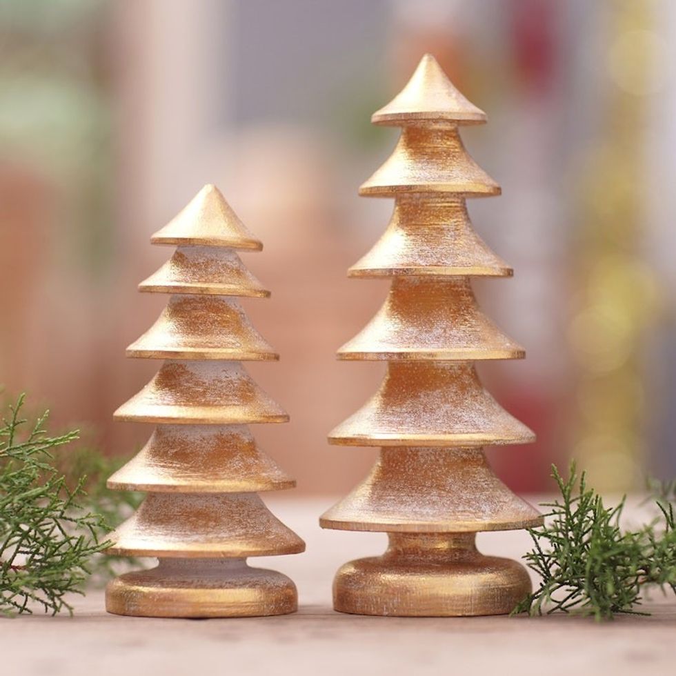 Set of 2 Hand-Carved Pagoda Wood Sculptures from Bali 'Golden Pagodas'