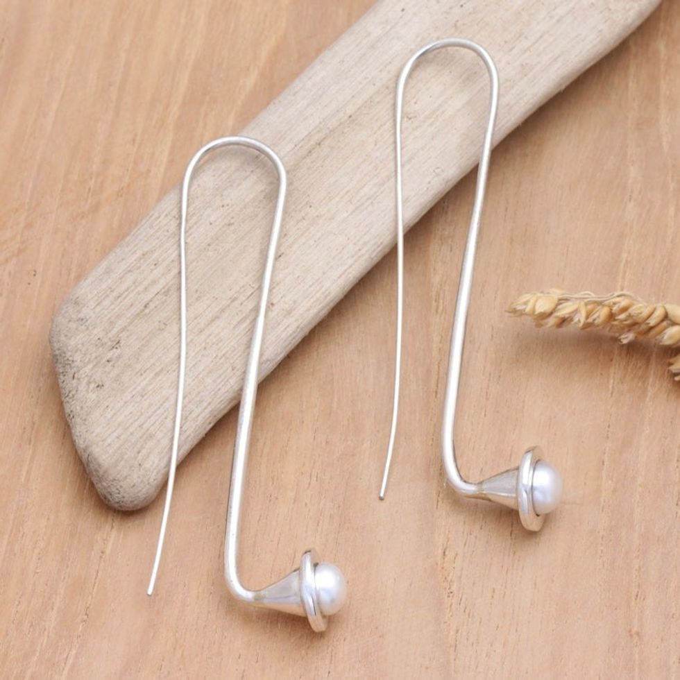 Sterling Silver Drop Earrings with Cultured Mabe Pearl 'Ivory Trumpet'