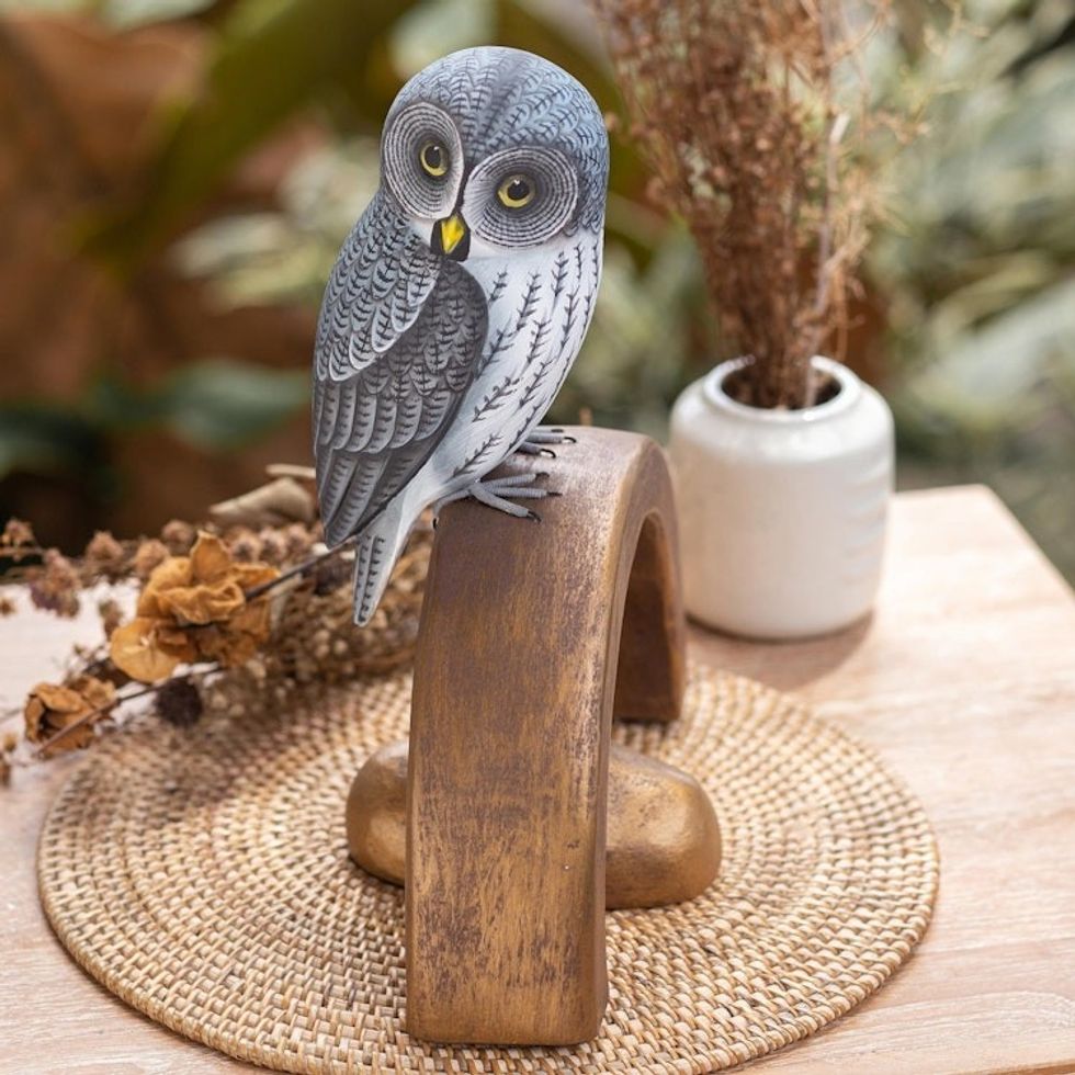 Hand-Carved and Hand-Painted Teak Suar Wood Owl Sculpture 'Ship Captain Owl'