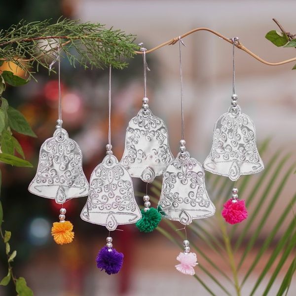 Alternate image for Set of 5 Embossed Aluminum Bell Ornaments from Bali Celebration Bells