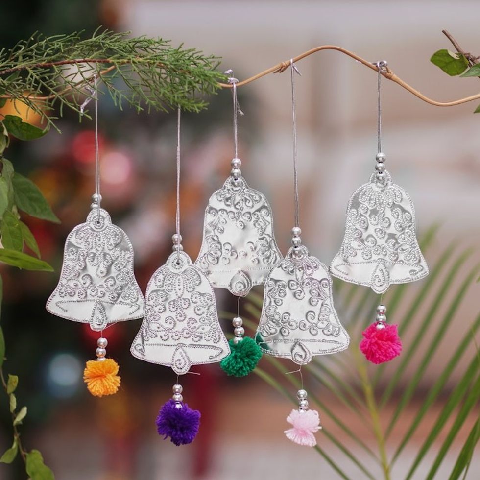 Set of 5 Embossed Aluminum Bell Ornaments from Bali 'Celebration Bells'