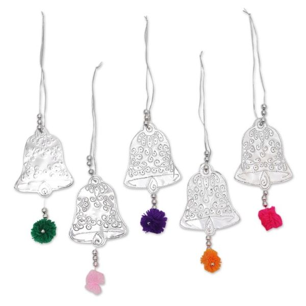 Alternate image for Set of 5 Embossed Aluminum Bell Ornaments from Bali Celebration Bells
