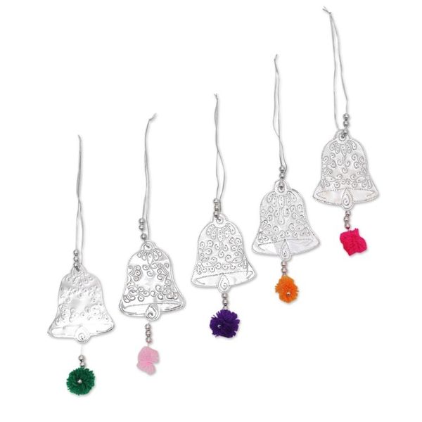 Alternate image for Set of 5 Embossed Aluminum Bell Ornaments from Bali Celebration Bells