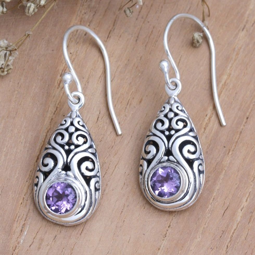 Balinese Sterling Silver Dangle Earrings with Amethyst Gems 'Tears of Wisdom'