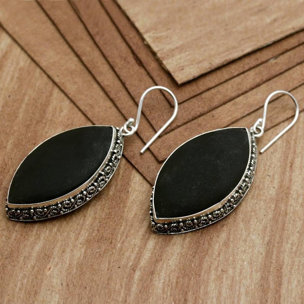 Sterling Silver Dangle Earrings with Lava Stone from Bali 'Night Beauty'