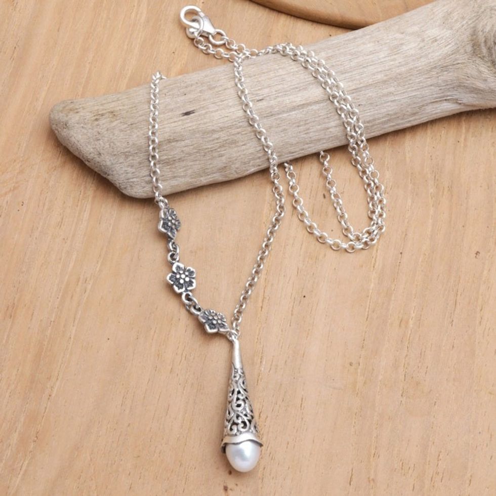 Floral Sterling Silver Pendant Necklace with Grey Pearl 'Floral Lantern'