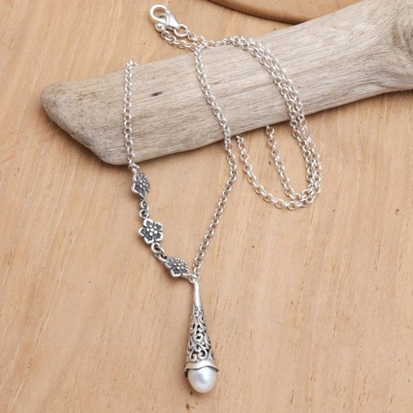 Alternate image for Floral Sterling Silver Pendant Necklace with Grey Pearl Floral Lantern