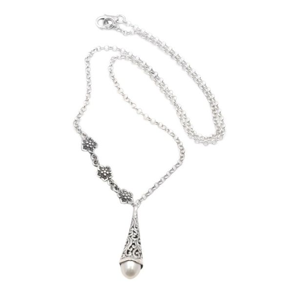 Alternate image for Floral Sterling Silver Pendant Necklace with Grey Pearl Floral Lantern