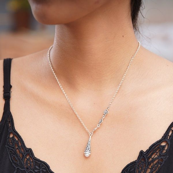 Alternate image for Floral Sterling Silver Pendant Necklace with Grey Pearl Floral Lantern