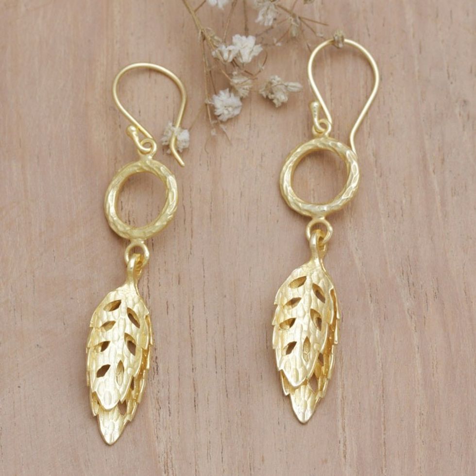 Leafy 18k Gold-Plated Brass Dangle Earrings from Bali 'Autumn Sensations'