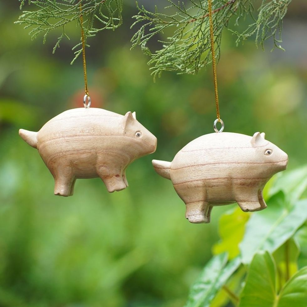 Pair of Wood Pig Ornaments Hand-Carved in Bali 'Chubby Piggies'