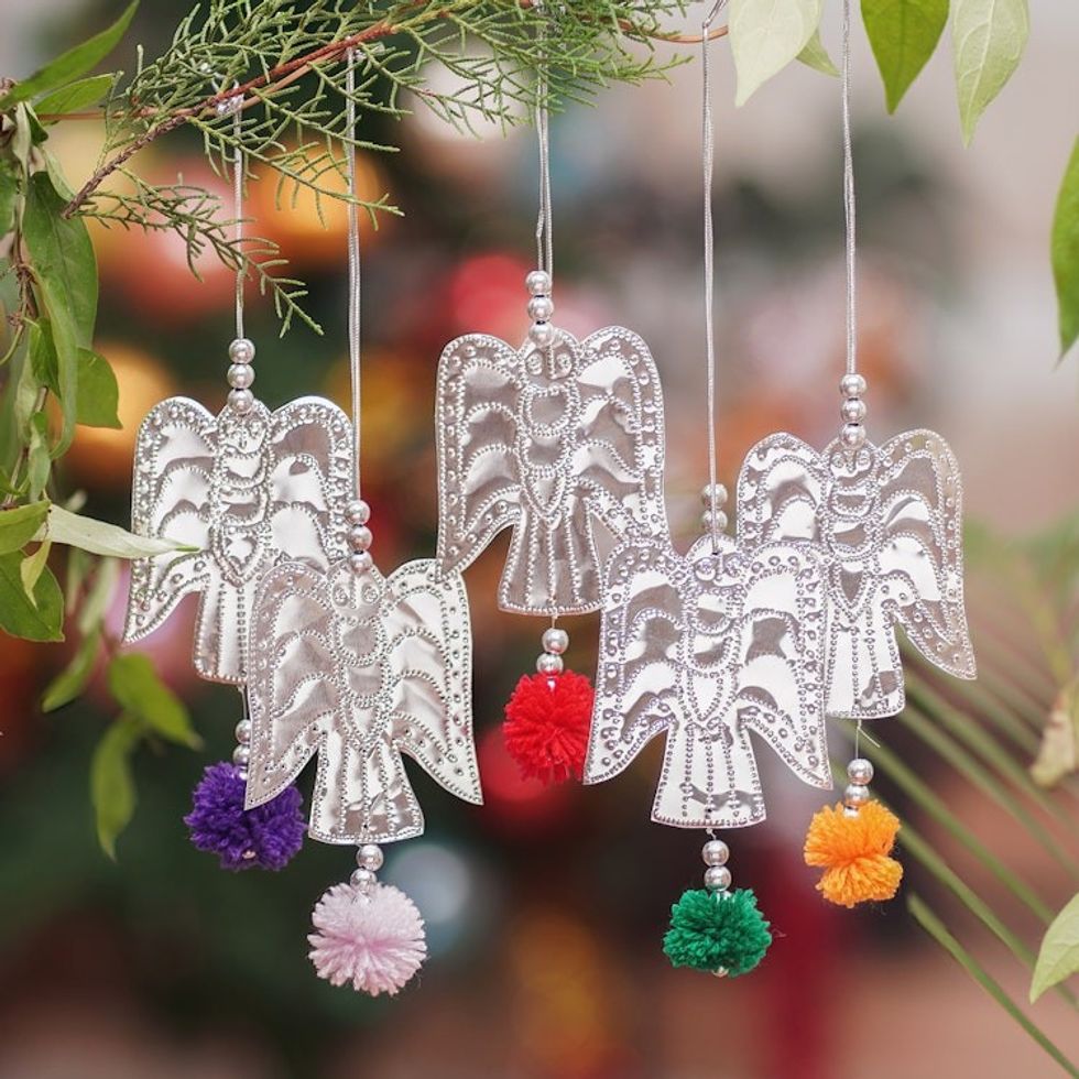 Set of 5 Handcrafted Embossed Angel Ornaments with Pompoms 'Angelic Sparkles'