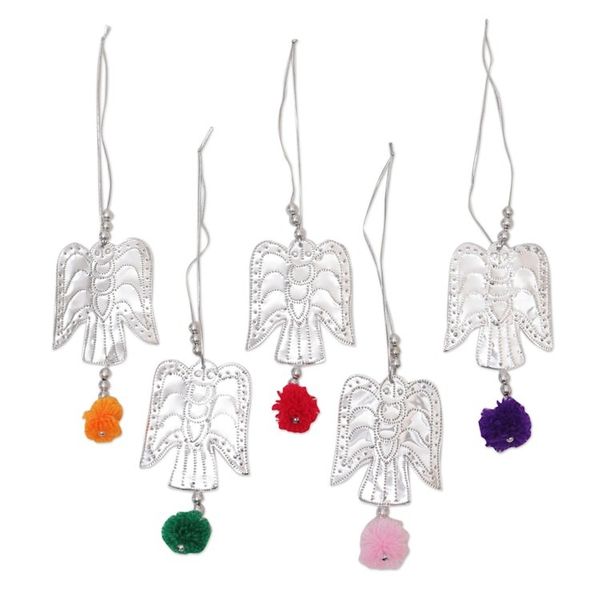 Alternate image for Set of 5 Handcrafted Embossed Angel Ornaments with Pompoms Angelic Sparkles