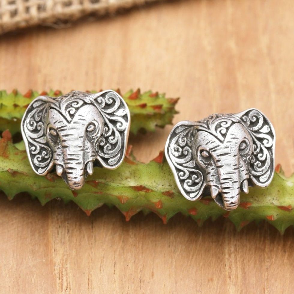 Sterling Silver Elephant-Themed Button Earrings from Java 'Sages of Java'