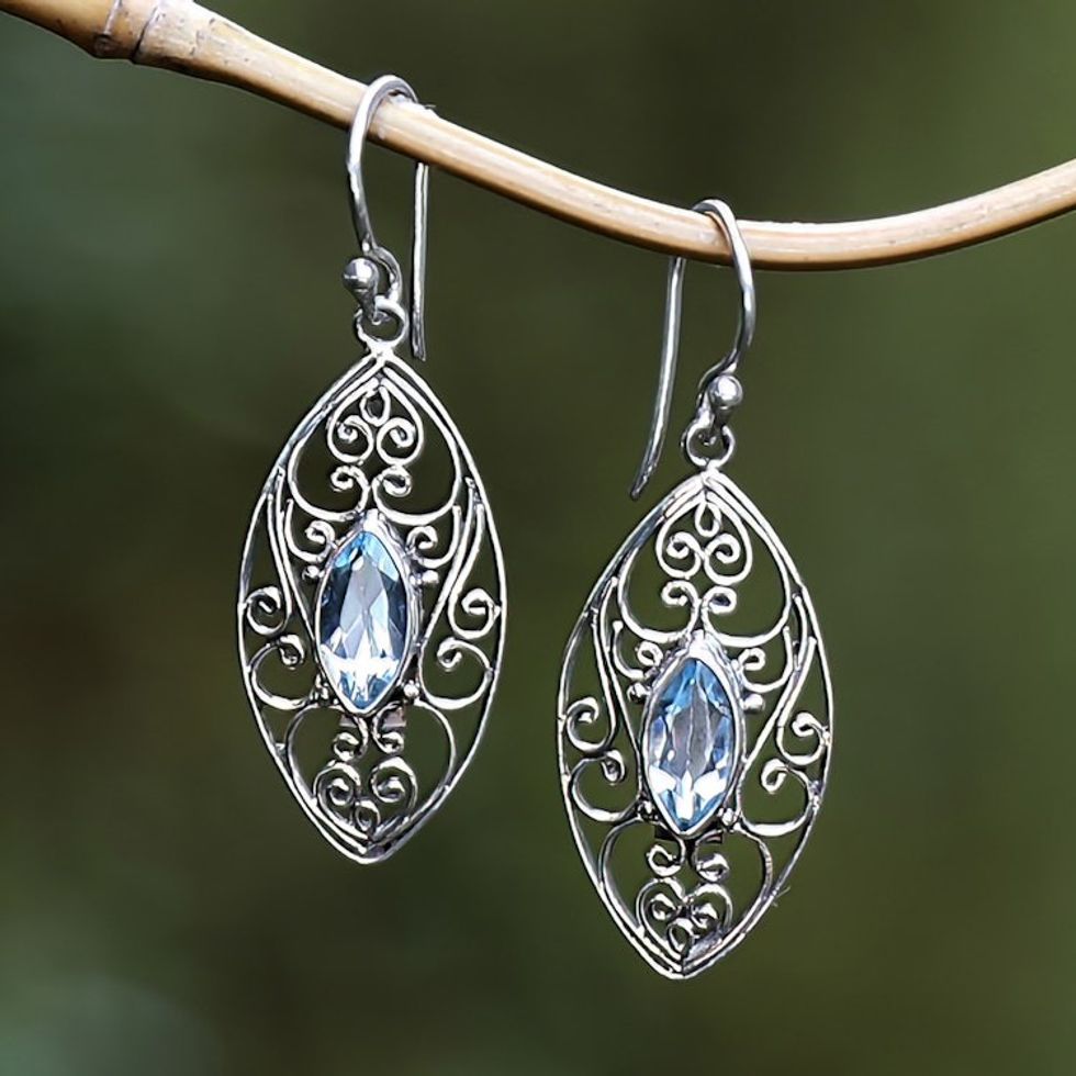Sterling Silver Filigree Dangle Earrings with Blue Topaz 'Loyalty Eyes'