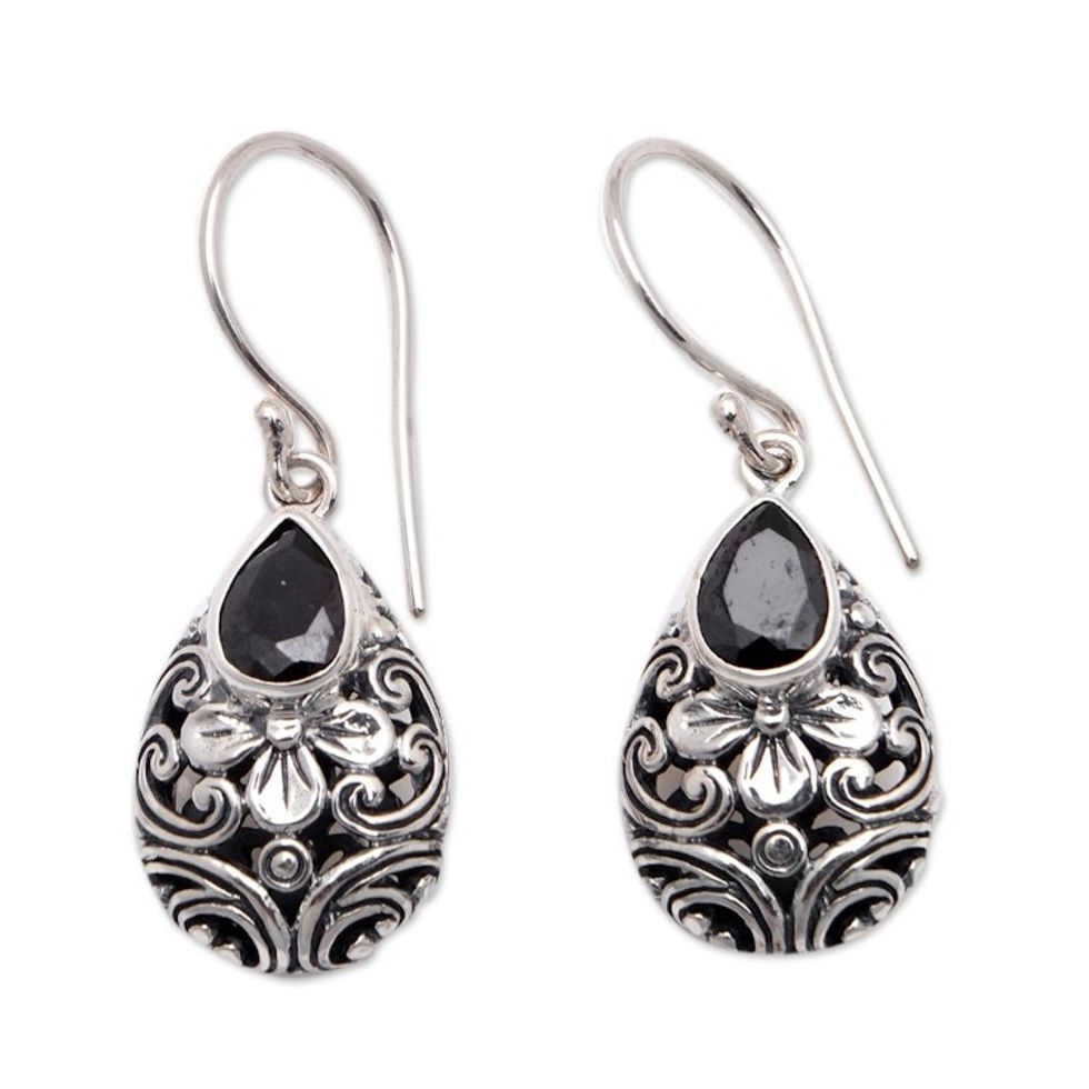 Sterling Silver Floral Dangle Earrings with Cubic Zirconia 'Black Fantasy'
