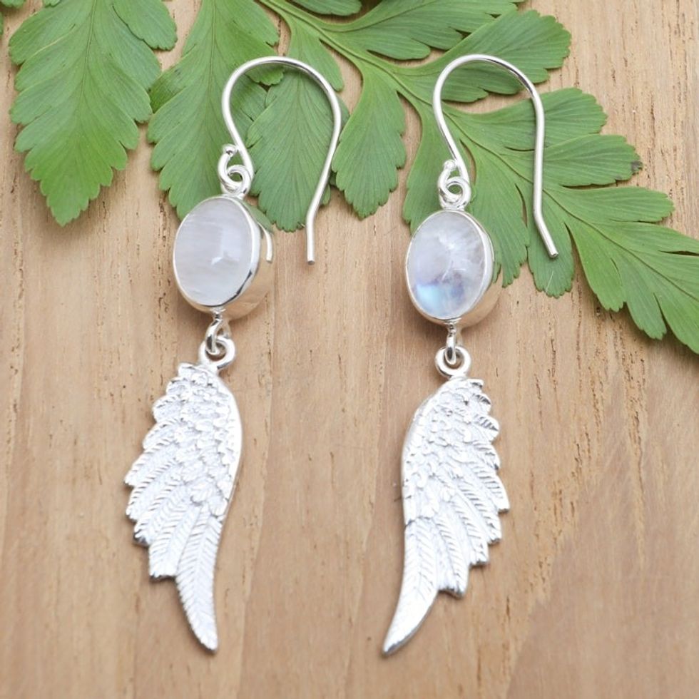 Sterling Silver Wing Dangle Earrings with Rainbow Moonstones 'Flight to Harmony'