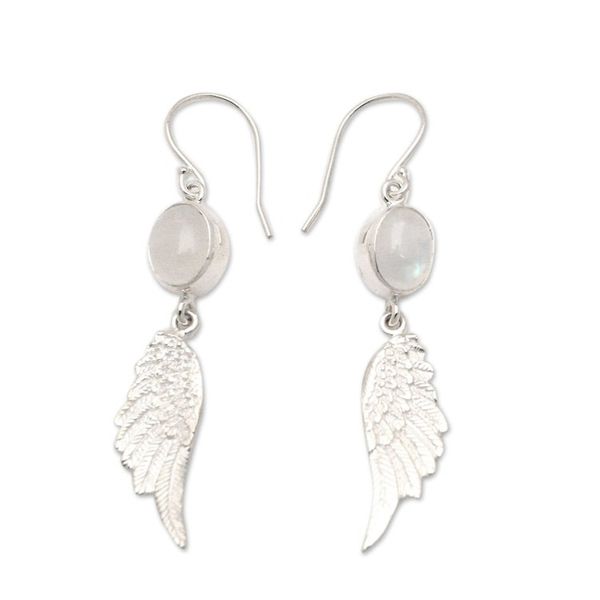 Alternate image for Sterling Silver Wing Dangle Earrings with Rainbow Moonstones Flight to Harmony