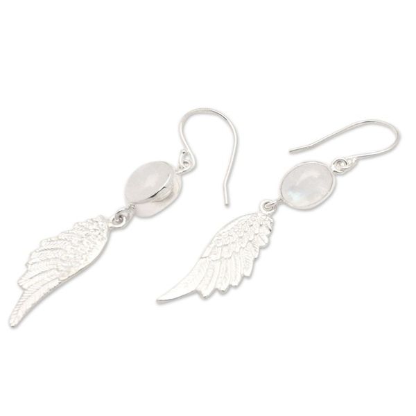 Alternate image for Sterling Silver Wing Dangle Earrings with Rainbow Moonstones Flight to Harmony