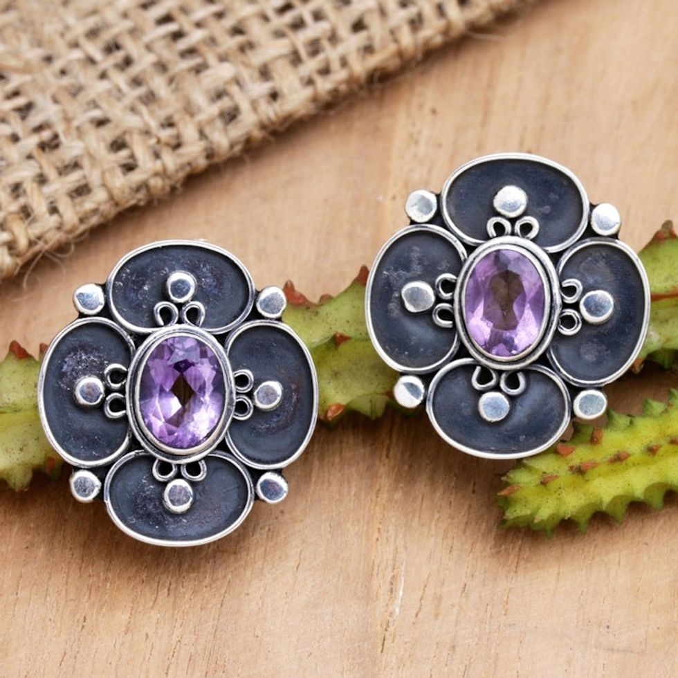 One-Carat Amethyst Button Earrings Made from Sterling Silver 'Purple in the Night'