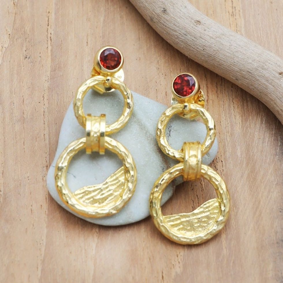 18k Gold-Plated Dangle Earrings with Natural Garnet Gems 'Perseverance Hours'