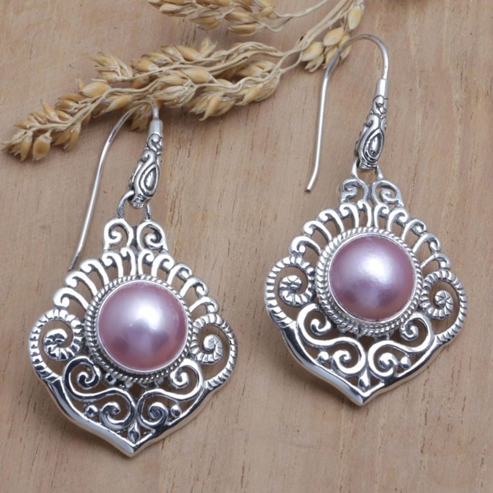 Sterling Silver Dangle Earrings with Cultured Mabe Pearls 'Bedugul Attraction in Pink'