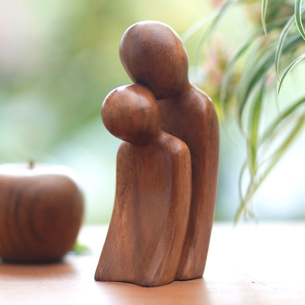 Hand-Carved Suar Wood Sculpture of Parent and Child 'A Parent's Affection'