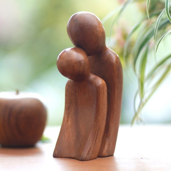 Alternate image for Hand-Carved Suar Wood Sculpture of Parent and Child A Parents Affection