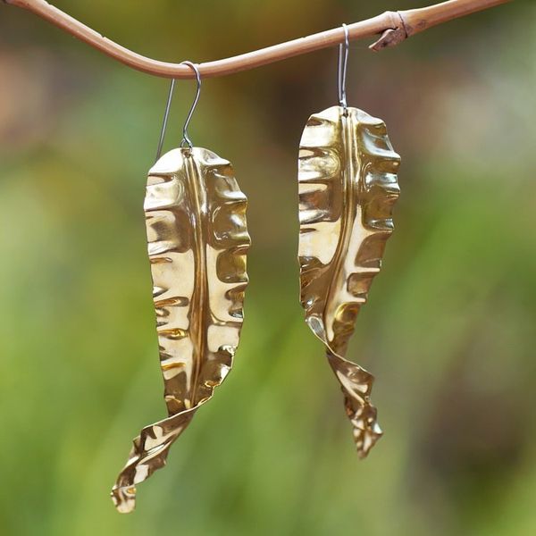 Alternate image for Leafy-Themed Brass Dangle Earrings in a High Polish Finish Summer Foliage