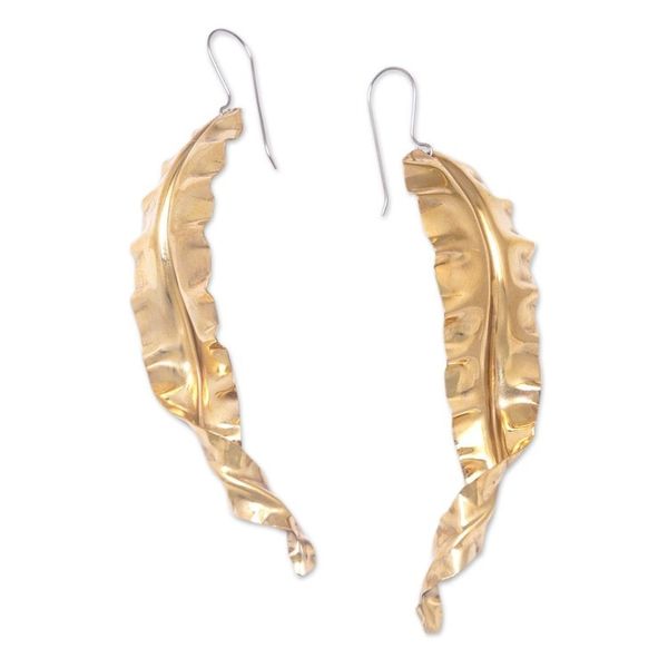 Alternate image for Leafy-Themed Brass Dangle Earrings in a High Polish Finish Summer Foliage
