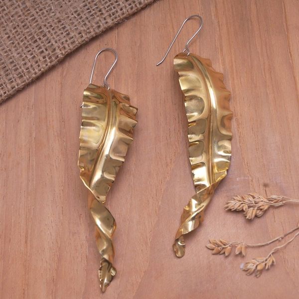 Alternate image for Leafy-Themed Brass Dangle Earrings in a High Polish Finish Summer Foliage