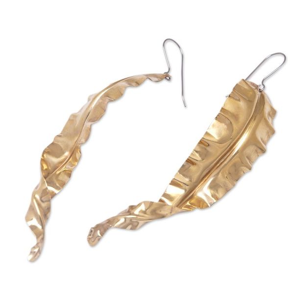 Alternate image for Leafy-Themed Brass Dangle Earrings in a High Polish Finish Summer Foliage
